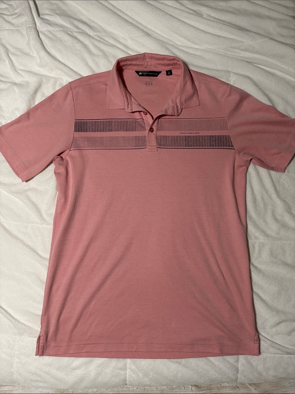 Travis Mathew Men's Polo in Dusty Rose with Horizontal Stripe